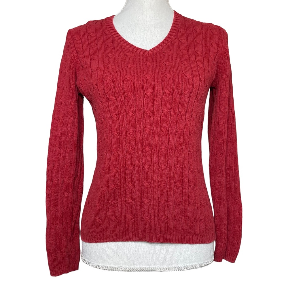 Cable Knit Sweater S Classic Burgundy Red V-Neck Cotton Blend Cotton Pullover